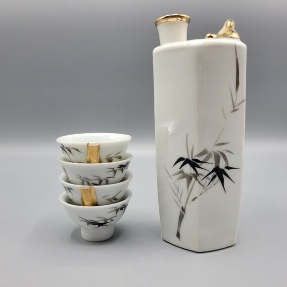 Vintage Whistling Gold Bird Bamboo Pattern Sake Set Bottle & 4 Cups Japan - Picture 6 of 16